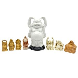 Lot Asian Buddha Porcelain Statue Wood Resin Intricate Detail 8 Piece Feng Shui